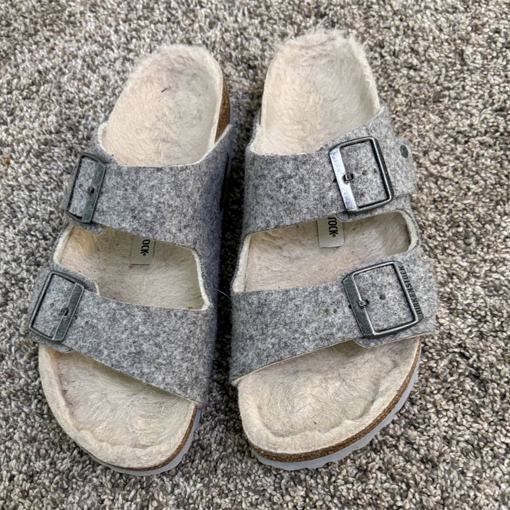 Birkenstock Gray Felt Two-Strap Shearling-Lined Sandals